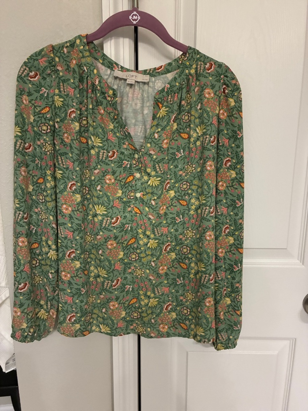 LOFT Green Floral V-Neck Long-Sleeve Blouse with Pink & Yellow Accents